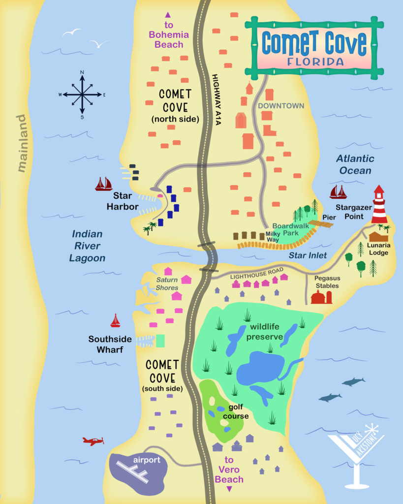 Map of fictional Comet Cove, Florida, featured in "Scoop and Scandal," shows the barrier island and inlet. Credit: Lucy Lakestone