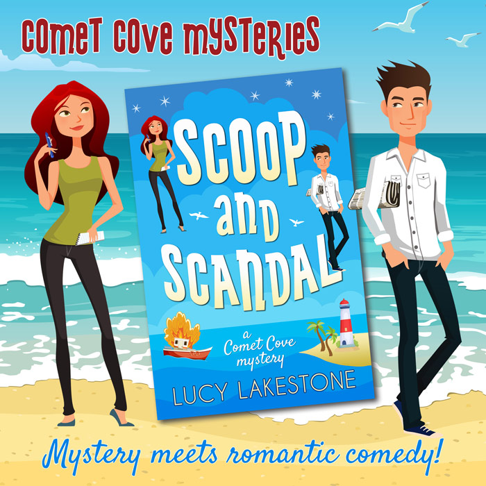 "Scoop and Scandal" is the first book in the Comet Cove Mysteries by Lucy Lakestone.